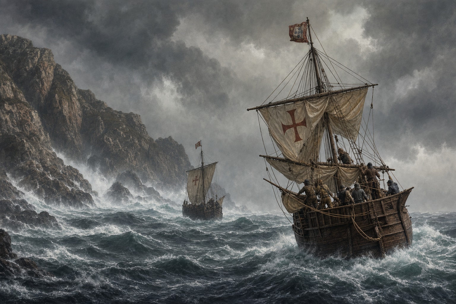 Two ships laboring past a rocky cape through dark storm clouds and high waves