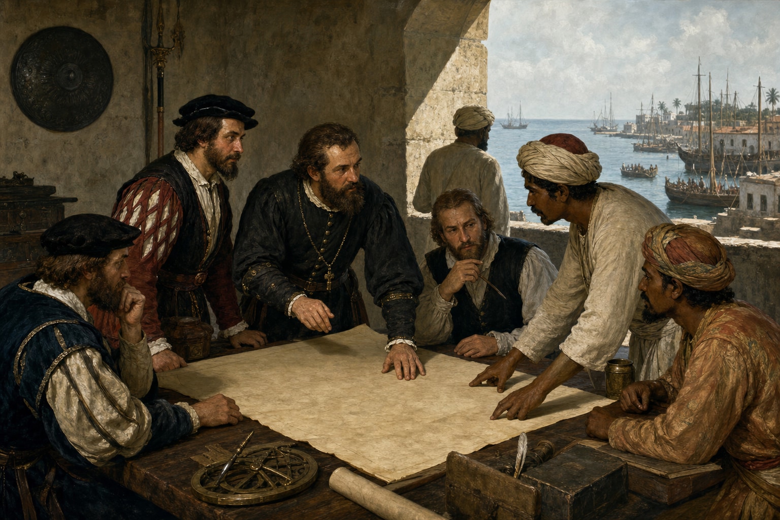 Portuguese officers and local guides gathered around a blank chart in a coastal fort council