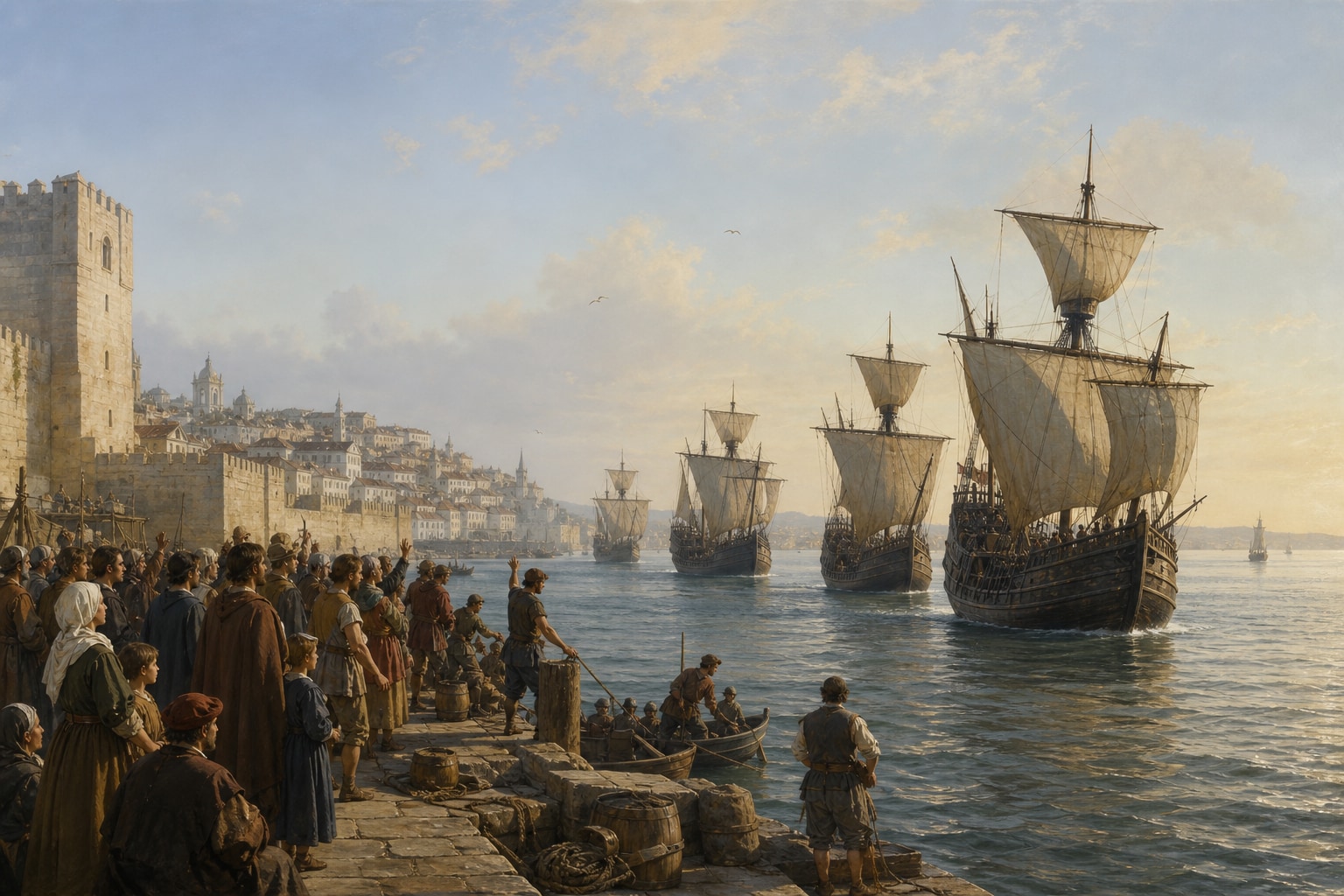 Da Gama's ships moving down the Tagus as people gather on the Lisbon quay