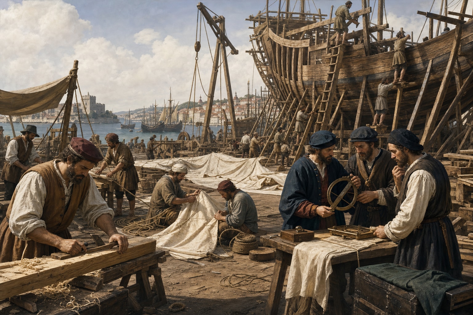 Workers framing a ship, preparing sails and rope, and examining a navigation instrument in a Lisbon shipyard