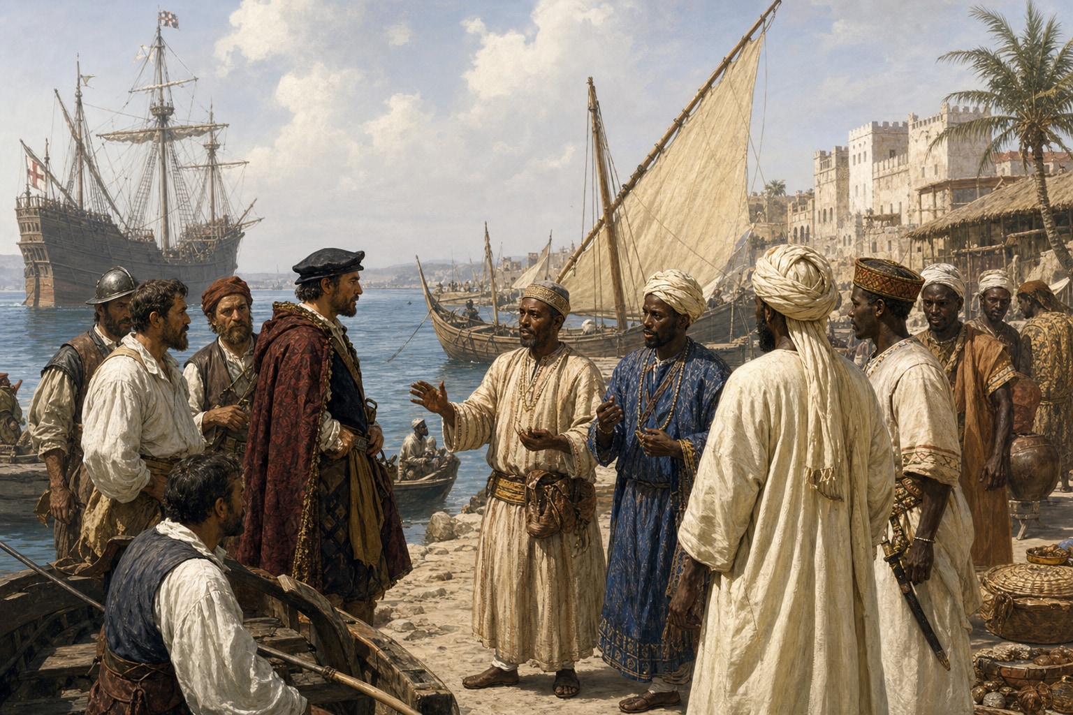 Portuguese sailors and Swahili merchants speaking together beside ships in a Mozambique harbor