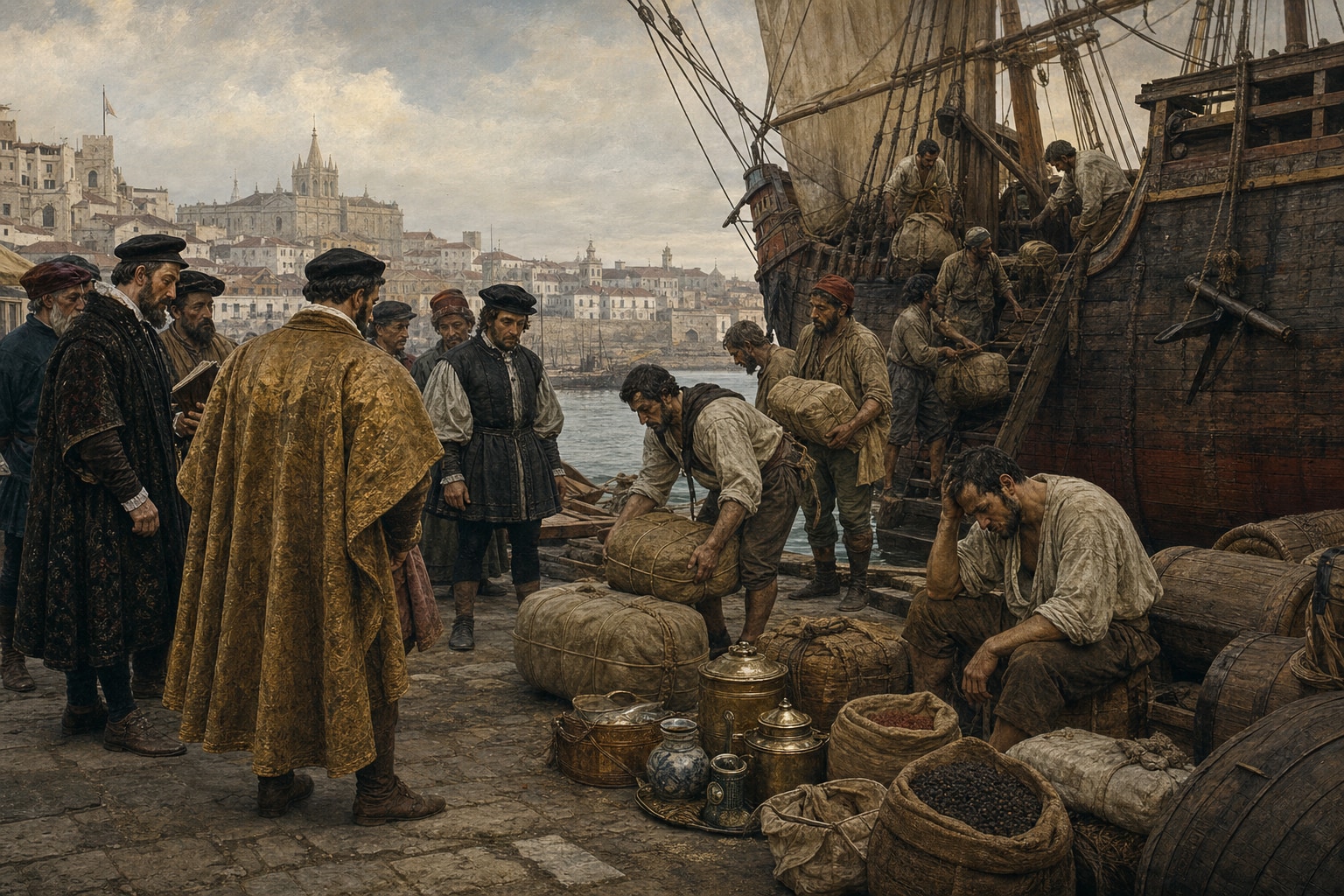 Weary sailors unloading bales and open sacks of spices onto a Lisbon quay after their return