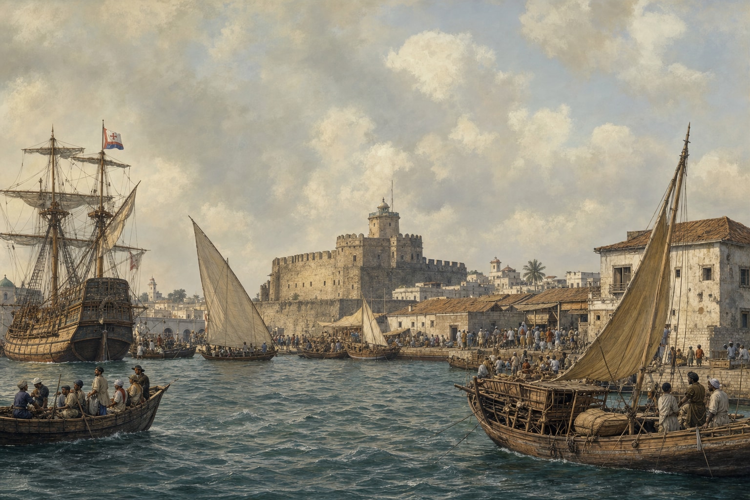 A later Indian Ocean harbor crowded with a stone sea fort, Portuguese ships, and dhows