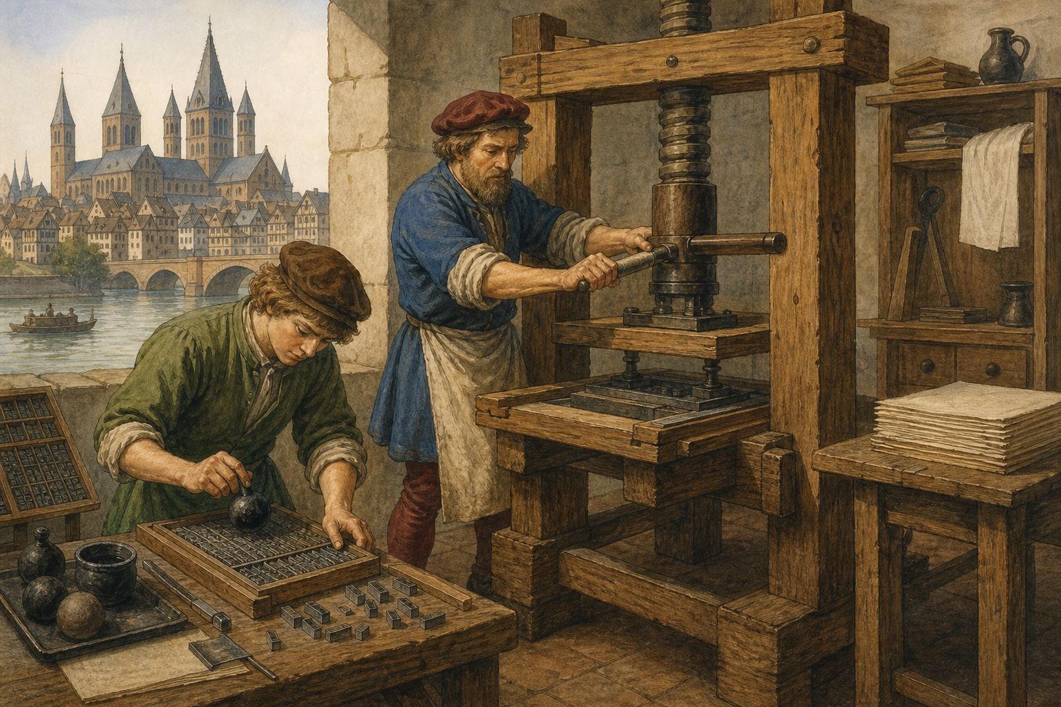 Gutenberg’s workshop: In Mainz, experiments combined movable type, ink, and a wooden press.