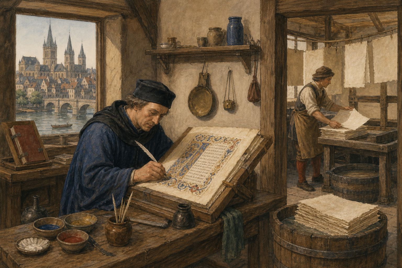 The manuscript tradition: Before printing, knowledge was reproduced by scribes, paper, parchment, and book workshops.