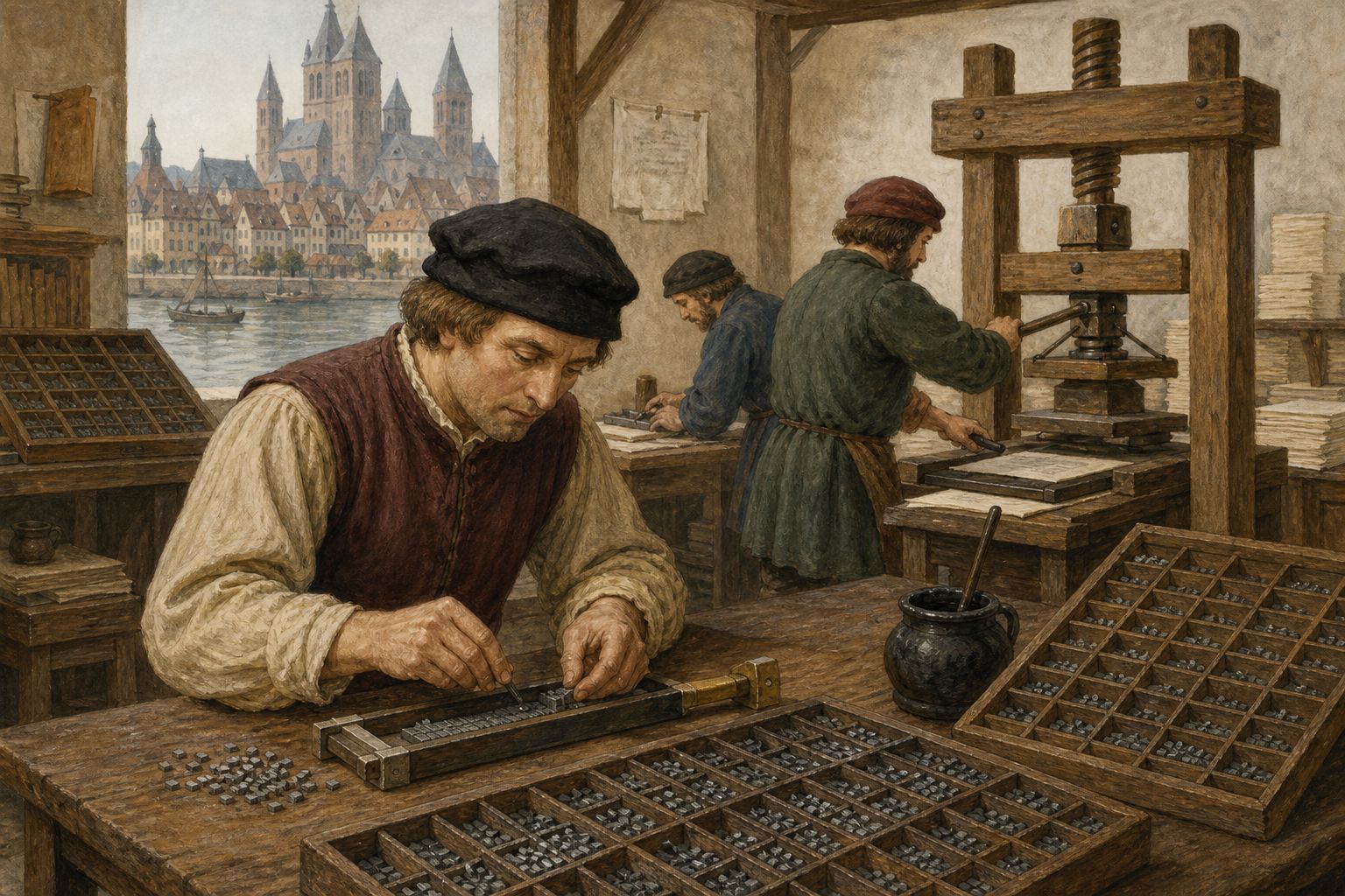 The spread of movable type: Movable type transformed the speed and scale of book reproduction and spread through urban workshops.