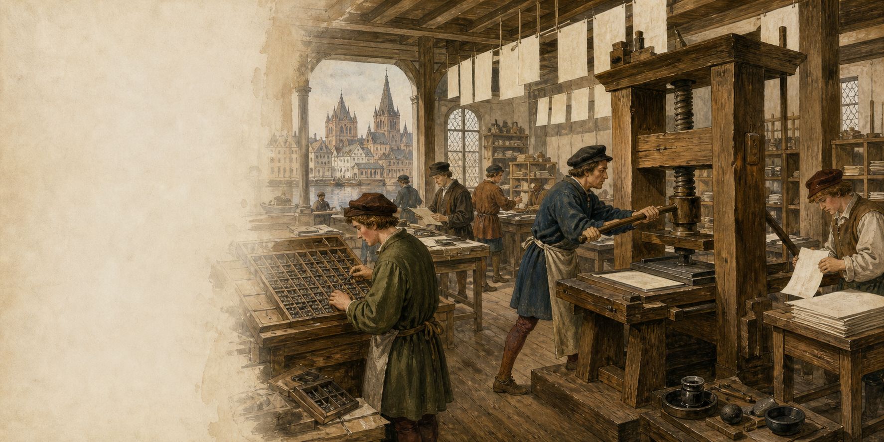 Printers and compositors working a wooden press in Mainz