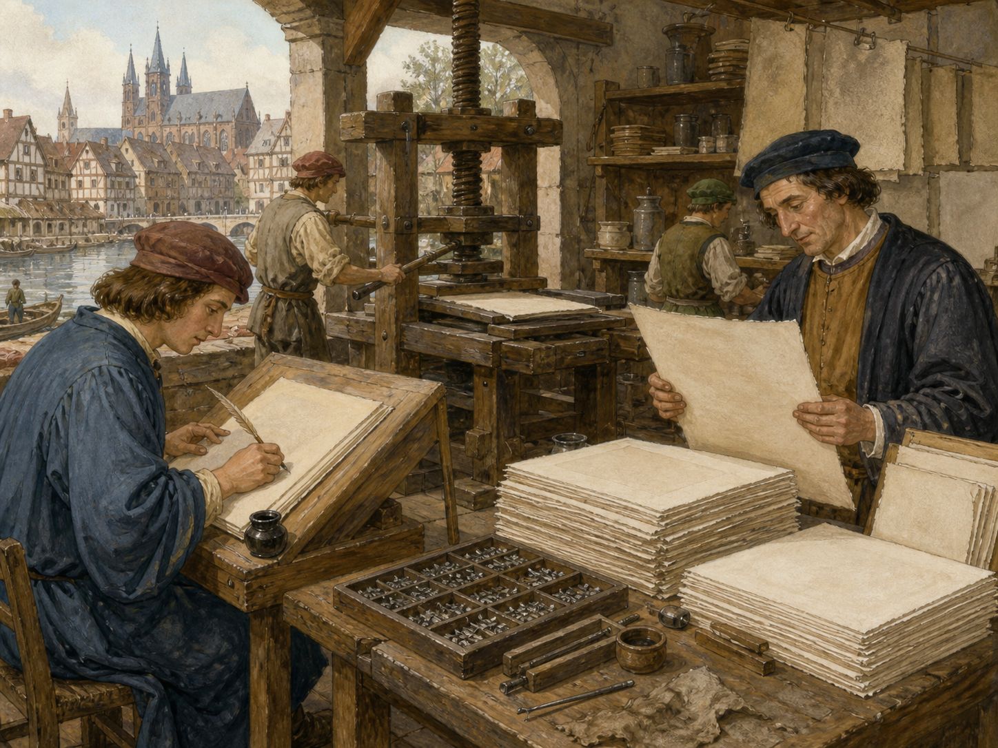 A late medieval Rhine workshop with a scribe and paper merchant