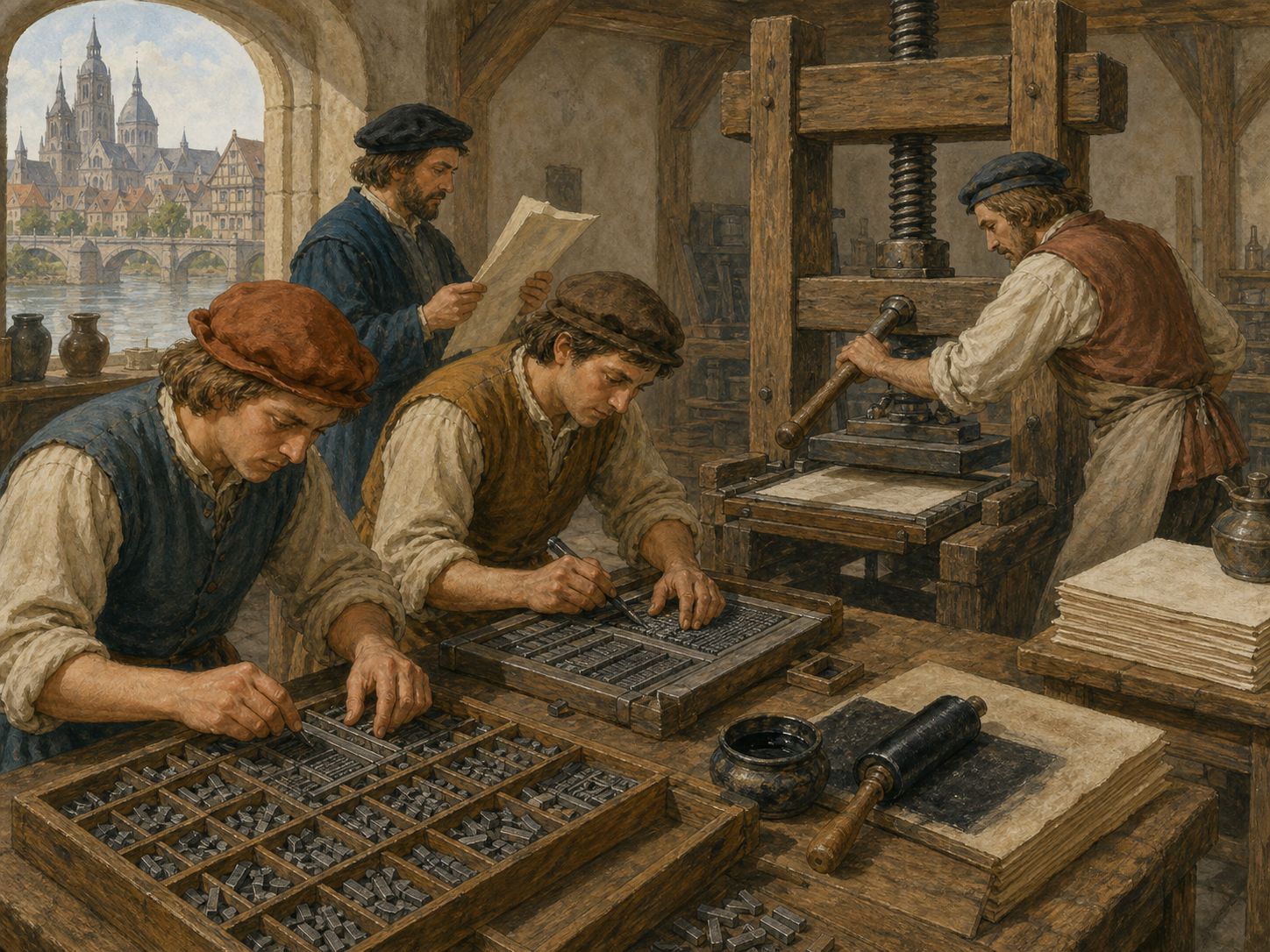Compositors locking movable type into a forme