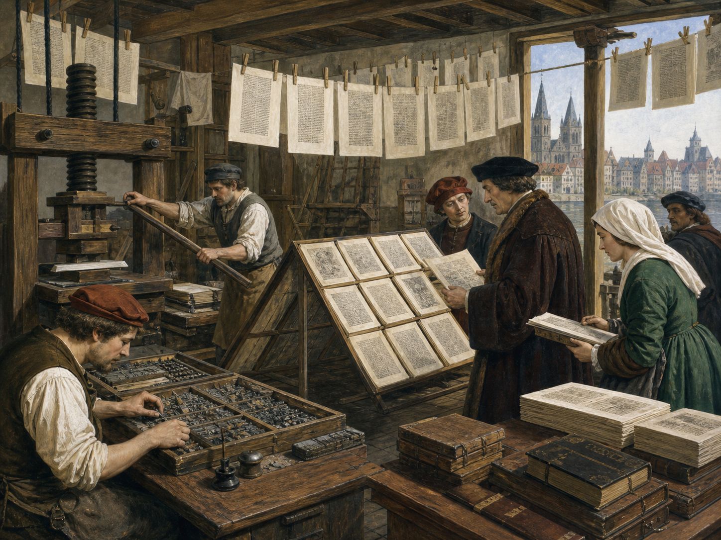 Workshop workers drying sheets and examining new books