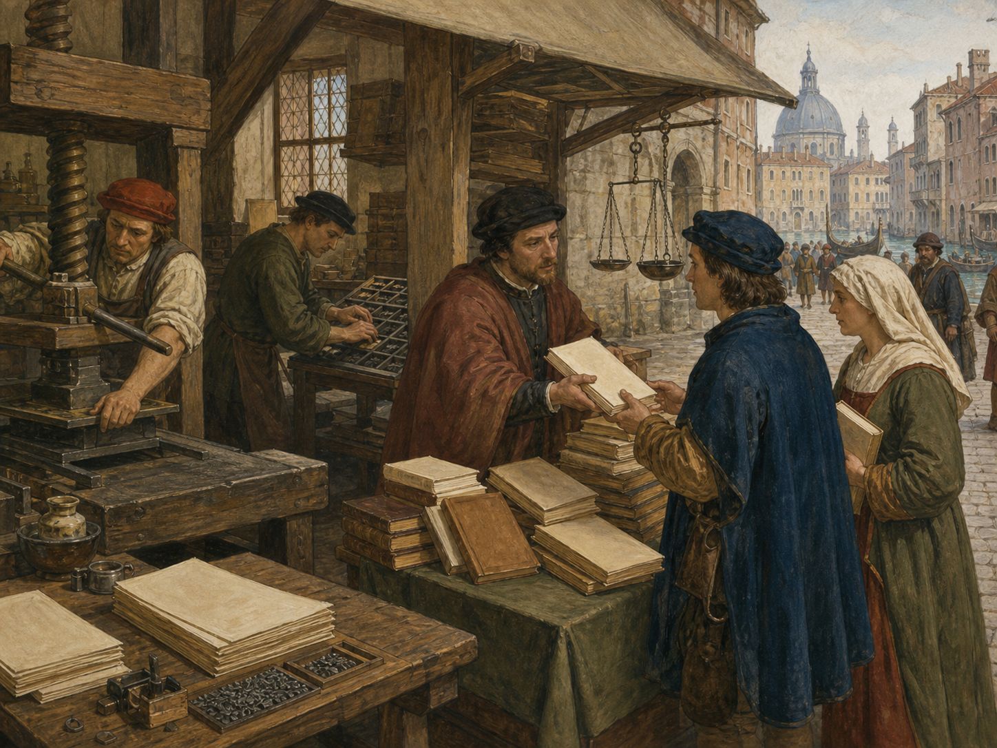 Urban readers examining printed booklets in a bookseller’s shop