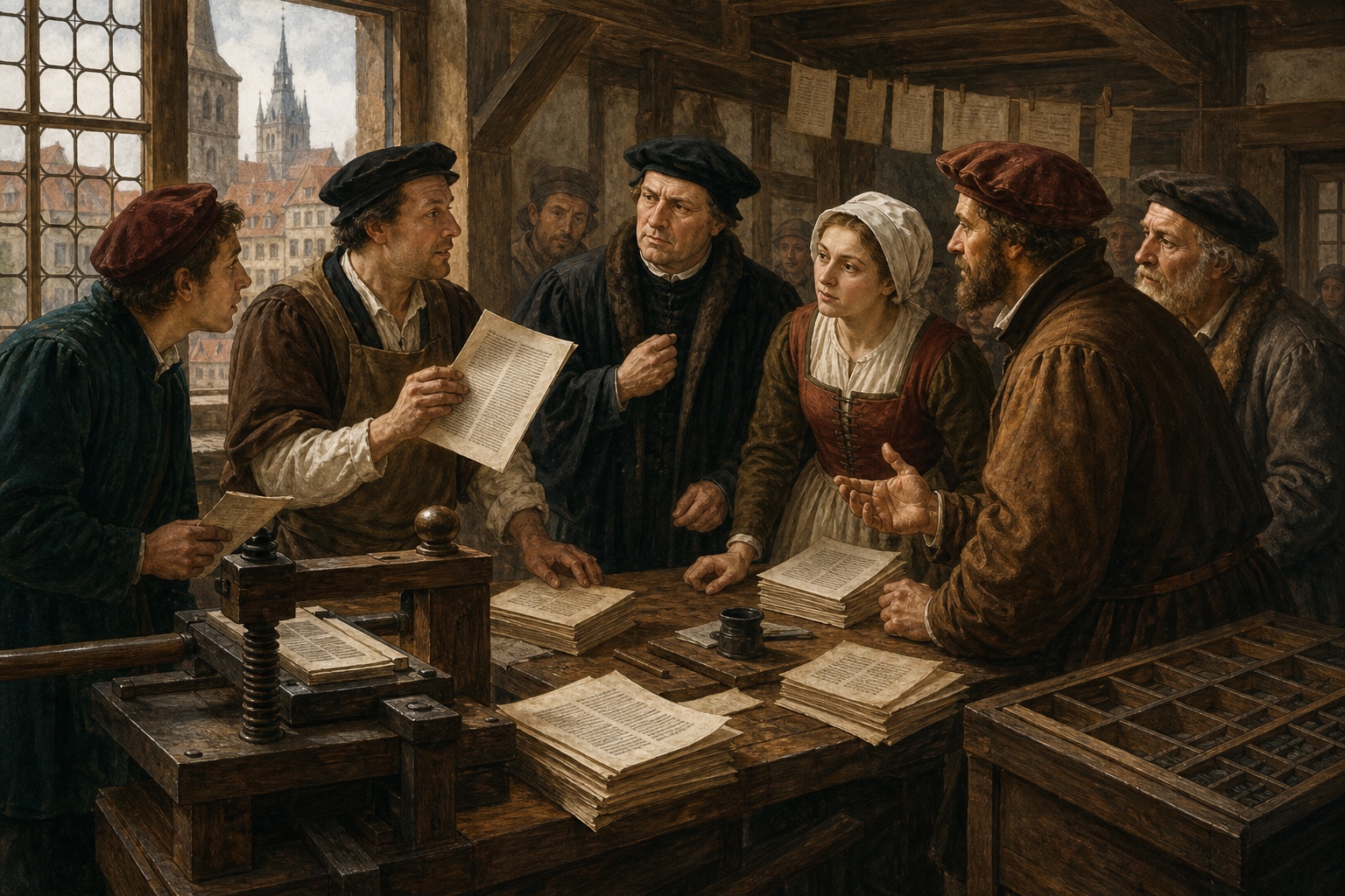 Illustrated reconstruction of printers and townspeople debating pamphlets beside a wooden press