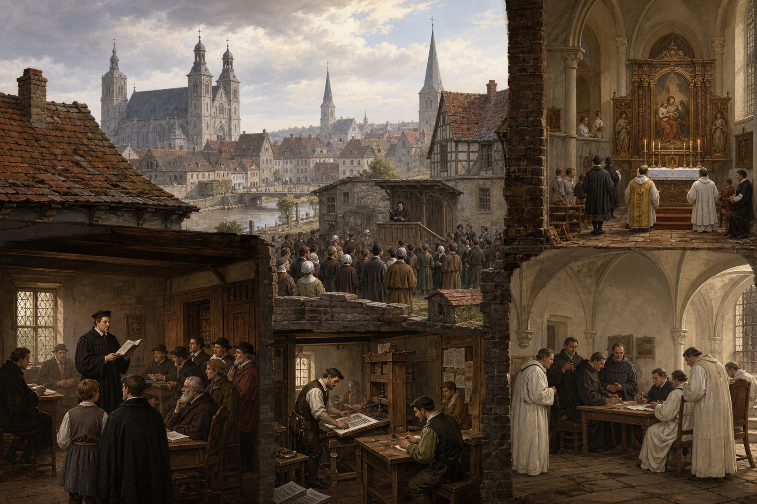 Illustrated reconstruction of the outcome of Protestant Reformation