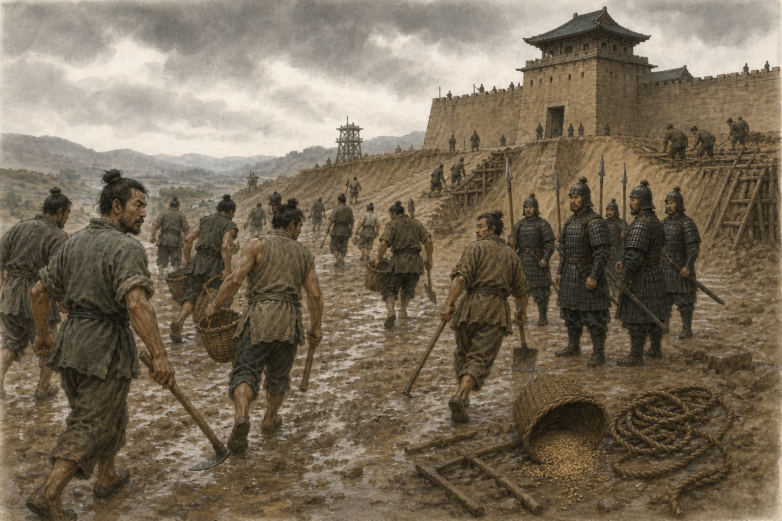 At a muddy roadwork camp, laborers carrying baskets and tools turn away from a small Qin guard detail beside an overturned grain basket, coiled rope, and unfinished earthworks