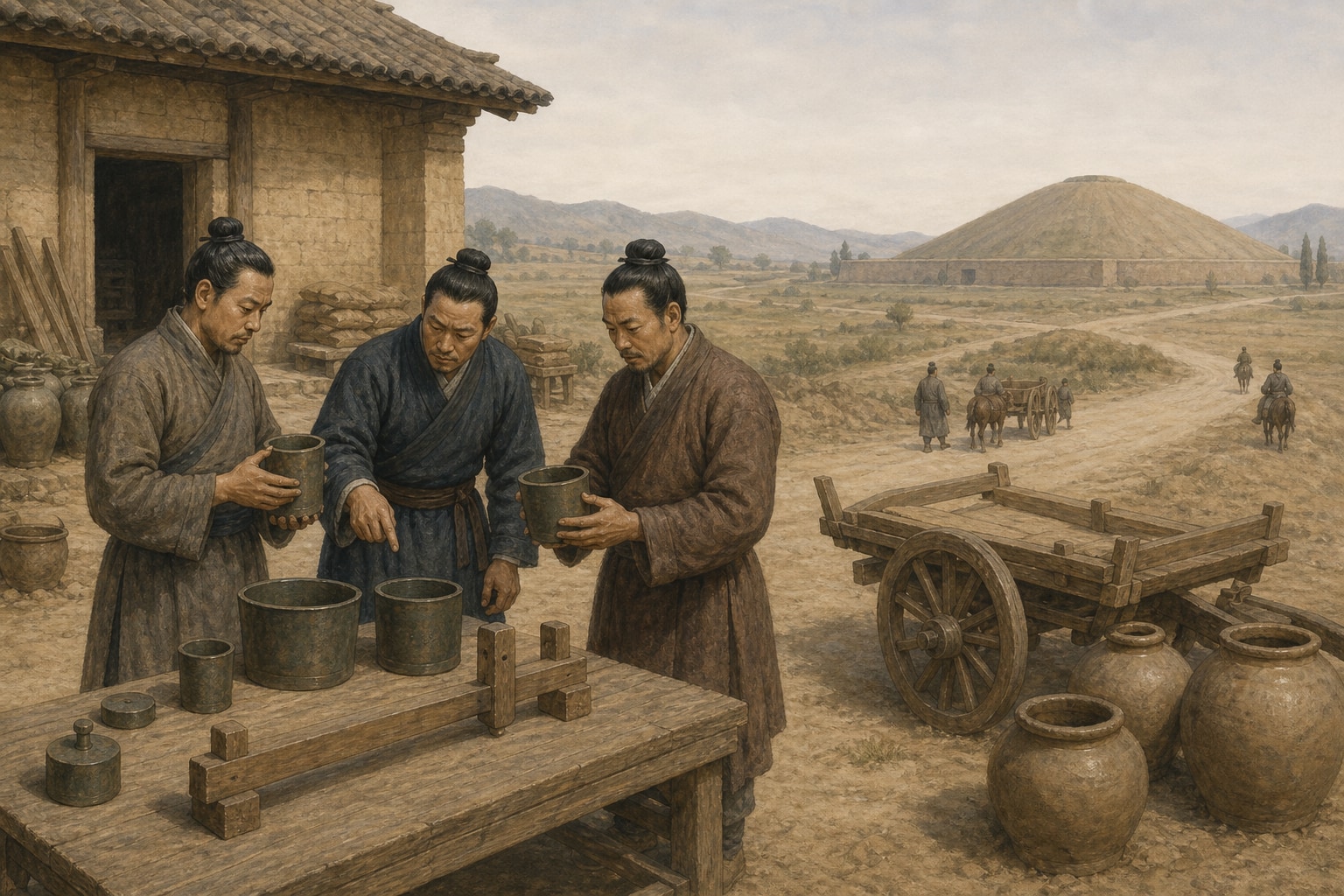 Three early post-Qin officials compare blank bronze vessels and a wooden axle gauge outside a storehouse beside an empty cart and jars, with the sealed mausoleum mound in the distance