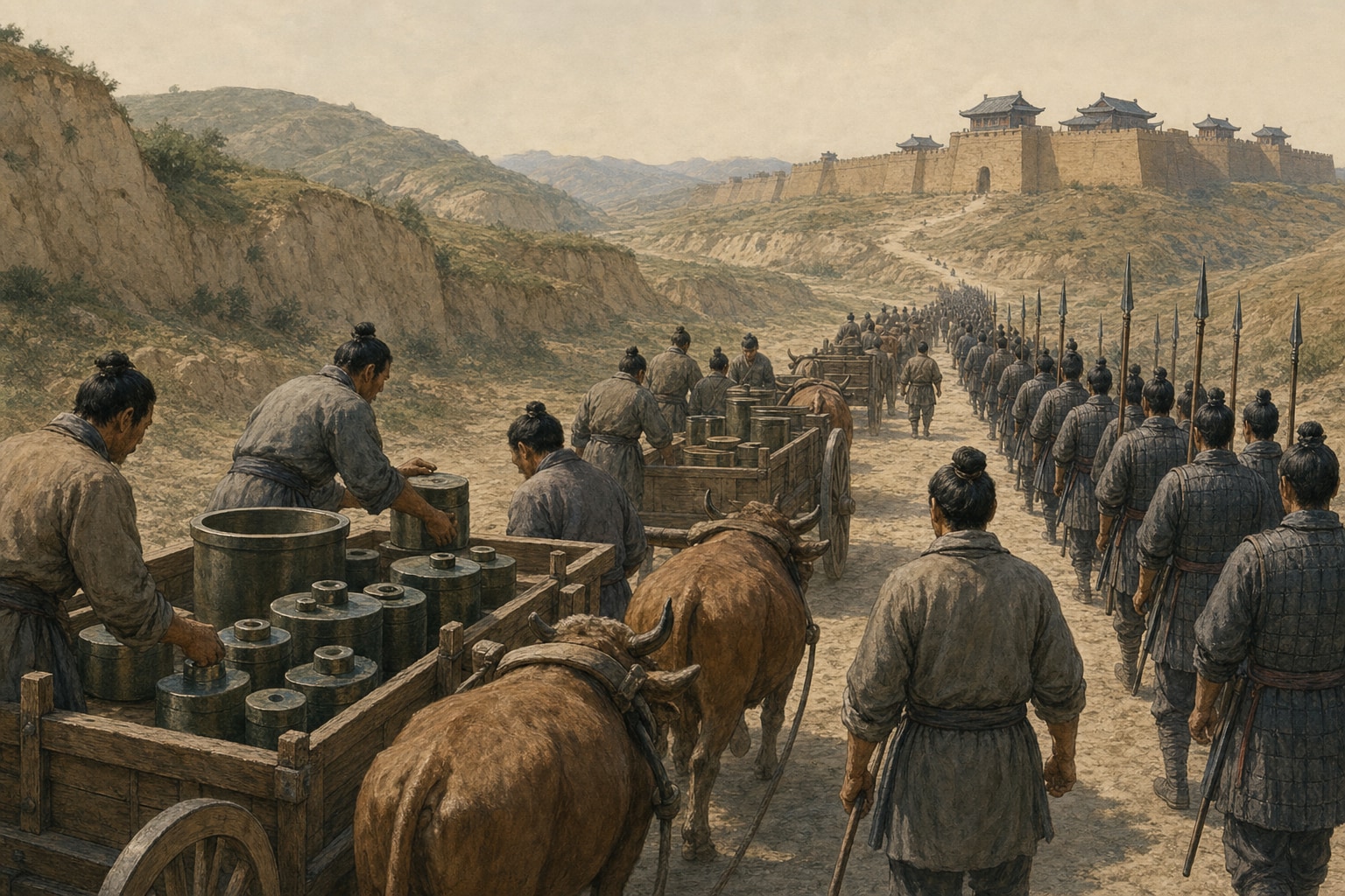 Ox carts loaded with blank bronze measures and supplies follow ordered Qin spear infantry along a loess road toward a distant rammed-earth fortress