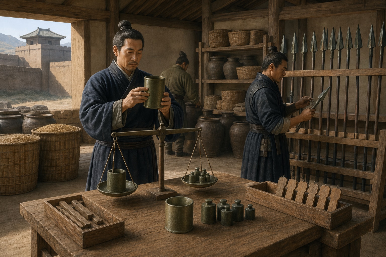 In a Qin storehouse, an official holds a blank bronze cylinder over a simple balance beside blank weights and tally shapes while an armorer checks leaf-shaped spearheads