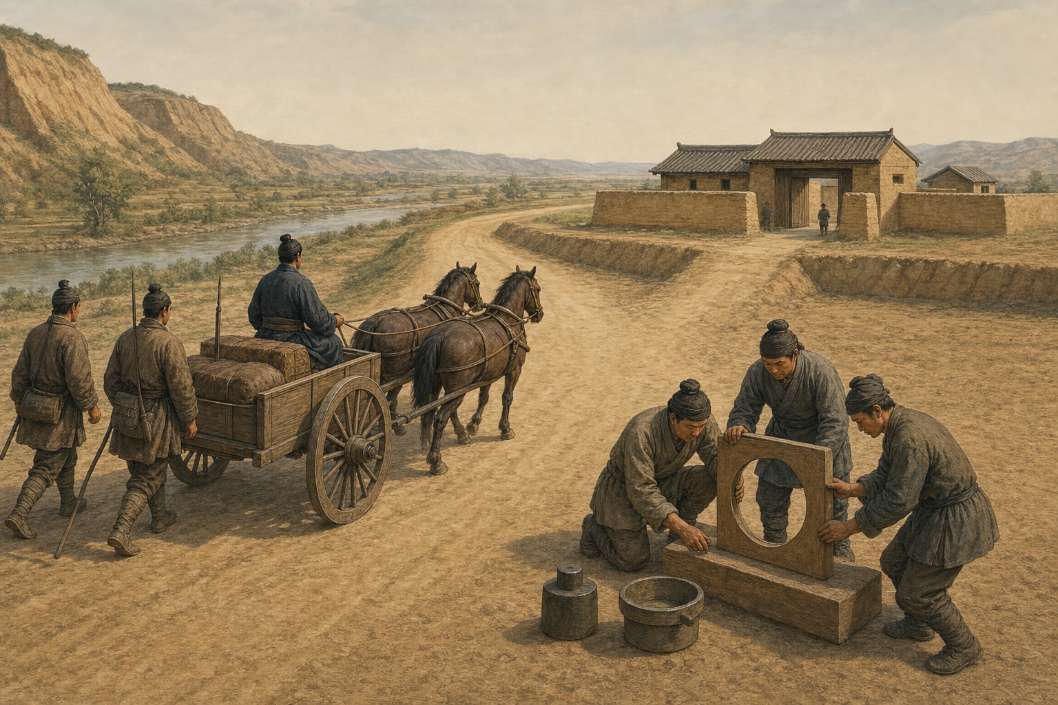 A two-horse cart and foot couriers travel on a broad road toward a low relay compound while three workers handle a blank square wooden wheel gauge