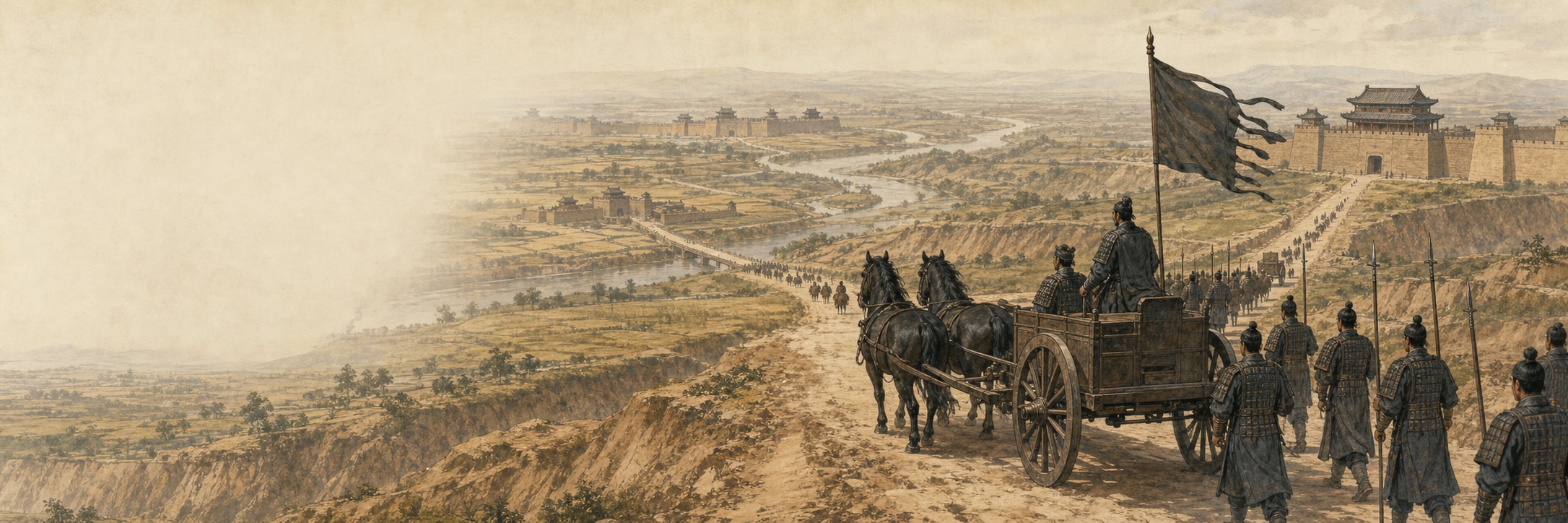 In a wide loess and river panorama with a pale empty left side, a Qin two-horse wooden chariot and infantry descend a road toward several rammed-earth fortresses beneath a blank dark streamer