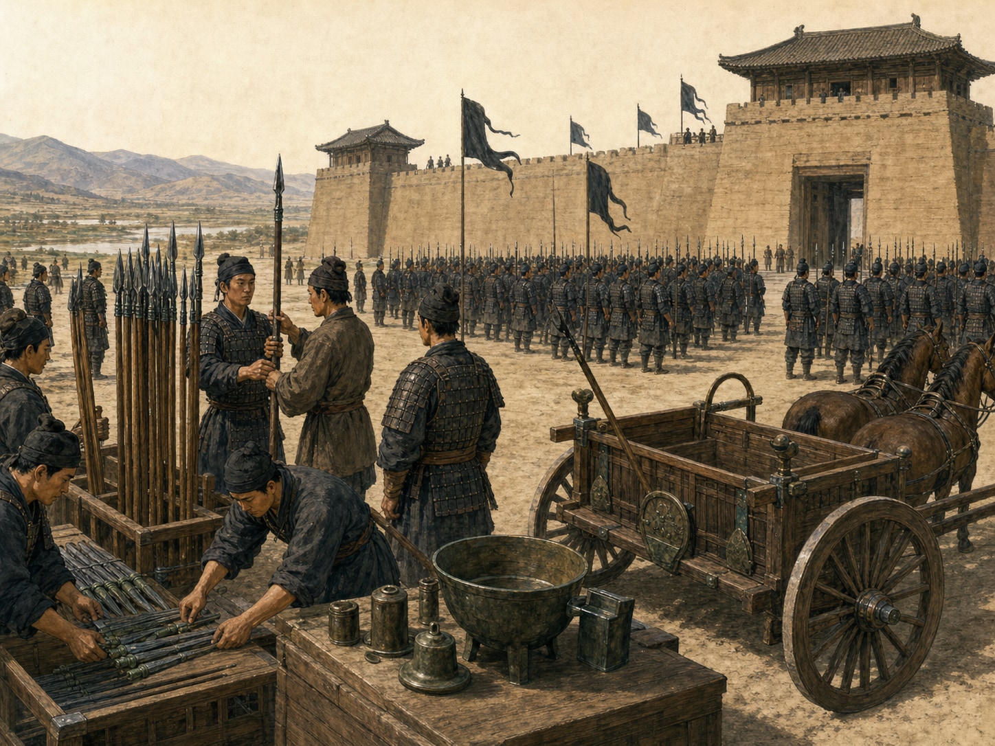 Before a rammed-earth gate, ranks of Qin infantry in dark lamellar armor stand beneath blank dark streamers as armorers handle straight bronze spears beside a wooden chariot