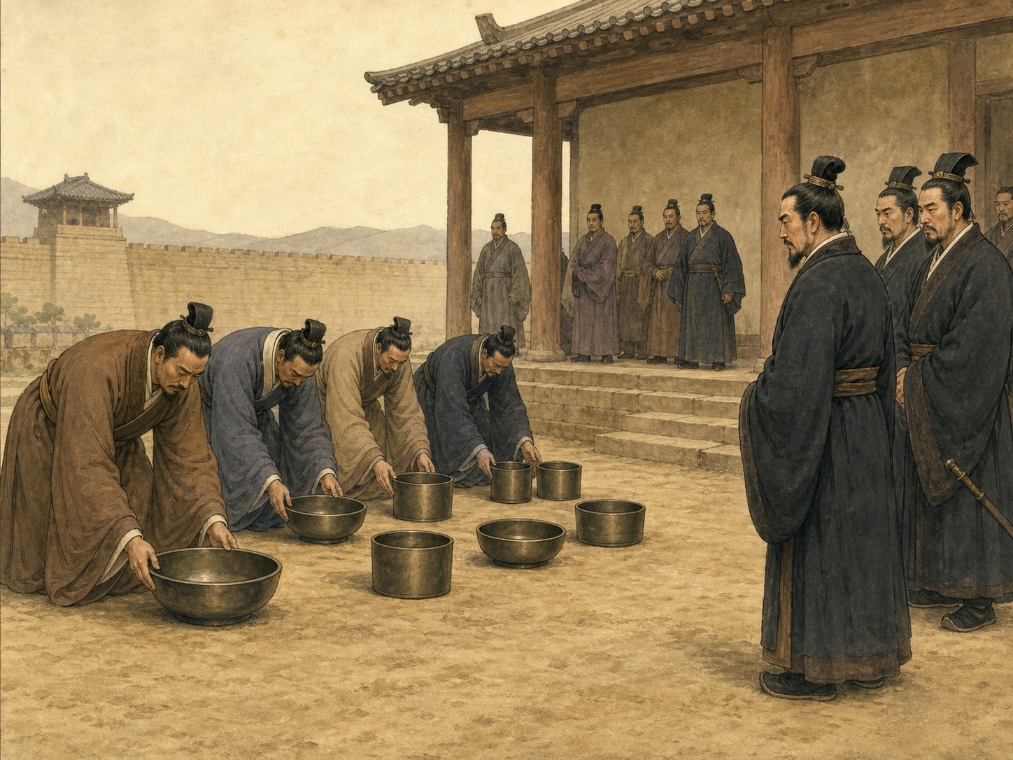 In an eastern Qi palace forecourt, four bowing officials lower completely blank bronze bowls and cylinders before a Qin delegation at right