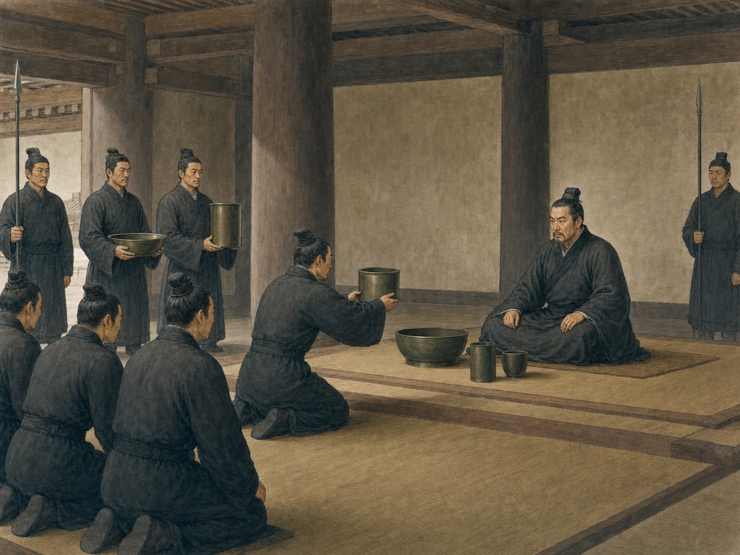 In an austere timber hall, a generalized Qin ruler sits directly on a floor mat as officials kneel and attendants present blank bronze bowls and cylinders beside two guards with straight leaf-point spears