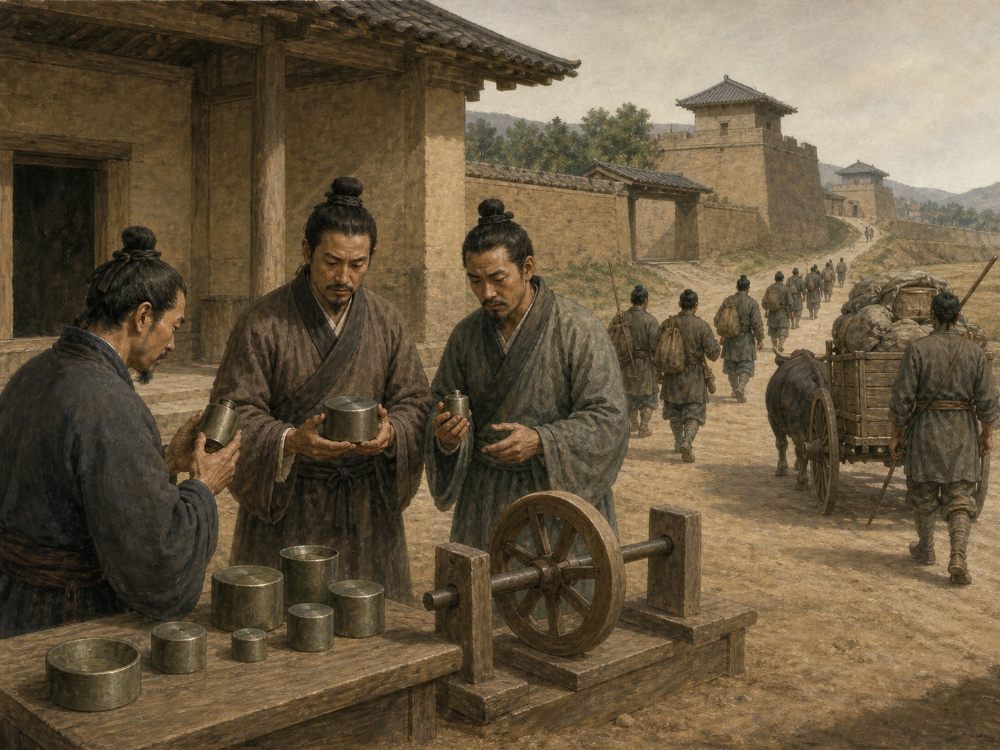 Three commandery officials compare blank cylindrical bronze measures beside a blank wooden wheel and axle gauge as foot couriers and an ox cart depart along a packed-earth road