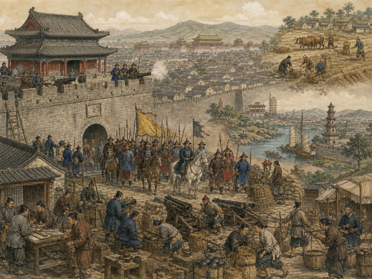 Historical reconstruction of Qing Conquest of the Ming Realm's background: In and around Beijing and the Chinese heartland, the setting took shape as Manchu Qing forces entered Beijing amid Li Zicheng’s revolt and the Ming collapse, then subdued resistance and unified China.