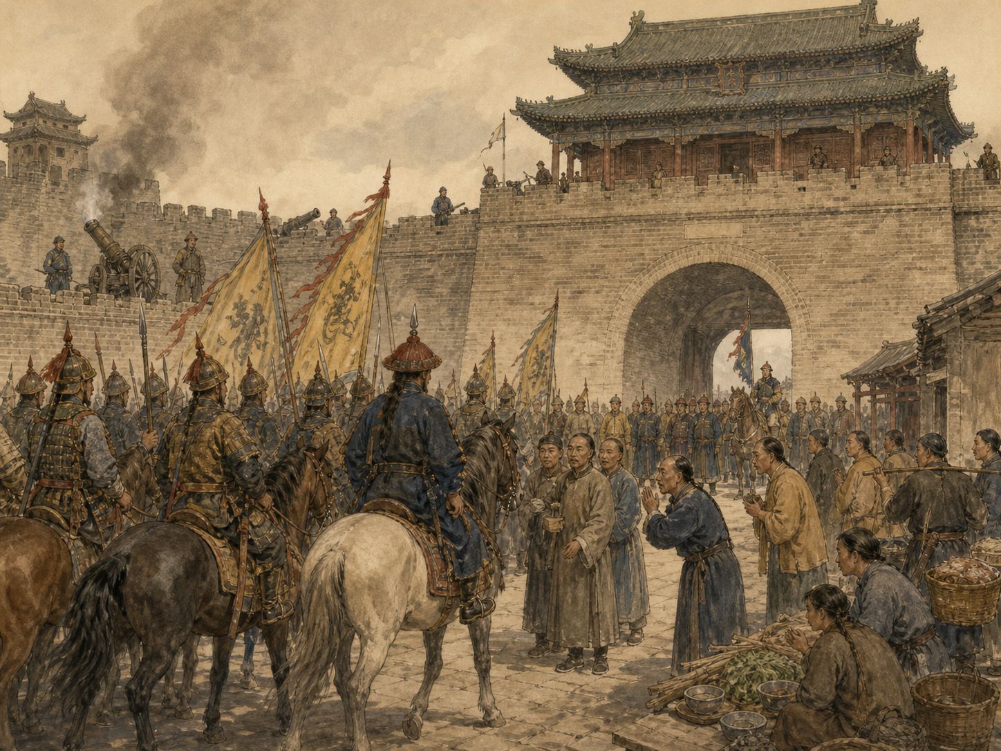 Historical reconstruction of Qing Conquest of the Ming Realm's central action: Manchu Qing forces entered Beijing amid Li Zicheng’s revolt and the Ming collapse, then subdued resistance and unified China.