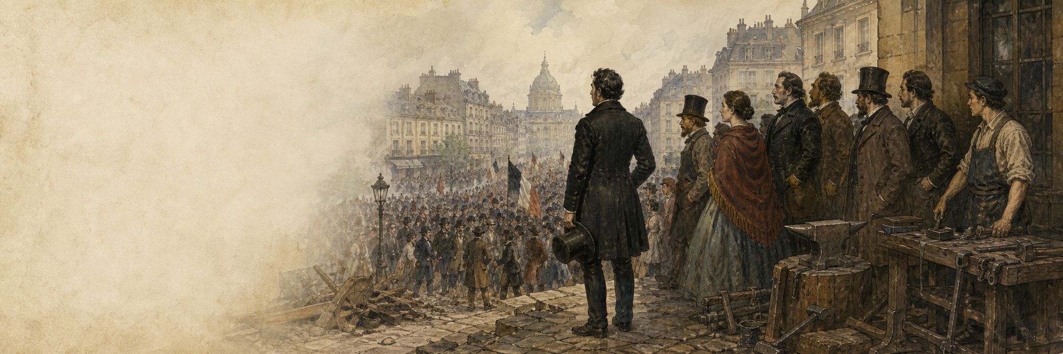 A historical reconstruction of Representatives and townspeople negotiating amid a popular movement in a European city street at across Europe, showing the setting of Revolutions of 1848
