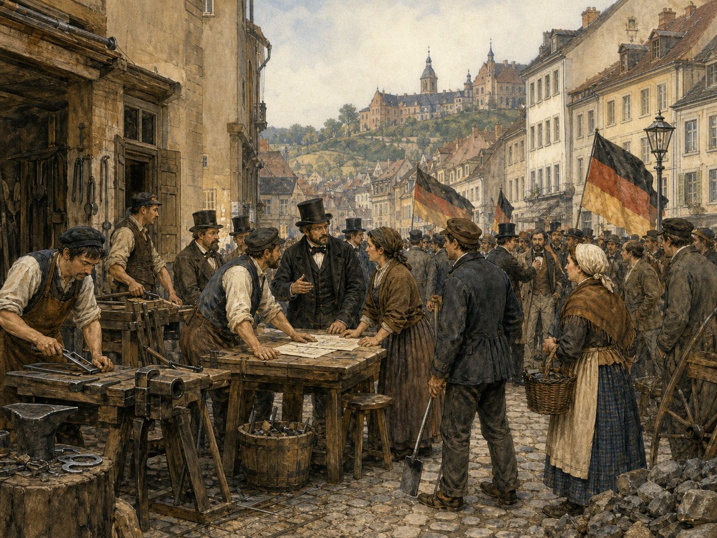 Historical reconstruction of Revolutions of 1848's background: In and around across Europe, the setting took shape as The February Revolution in France was followed by uprisings across Europe demanding constitutions, national autonomy, and social reform.