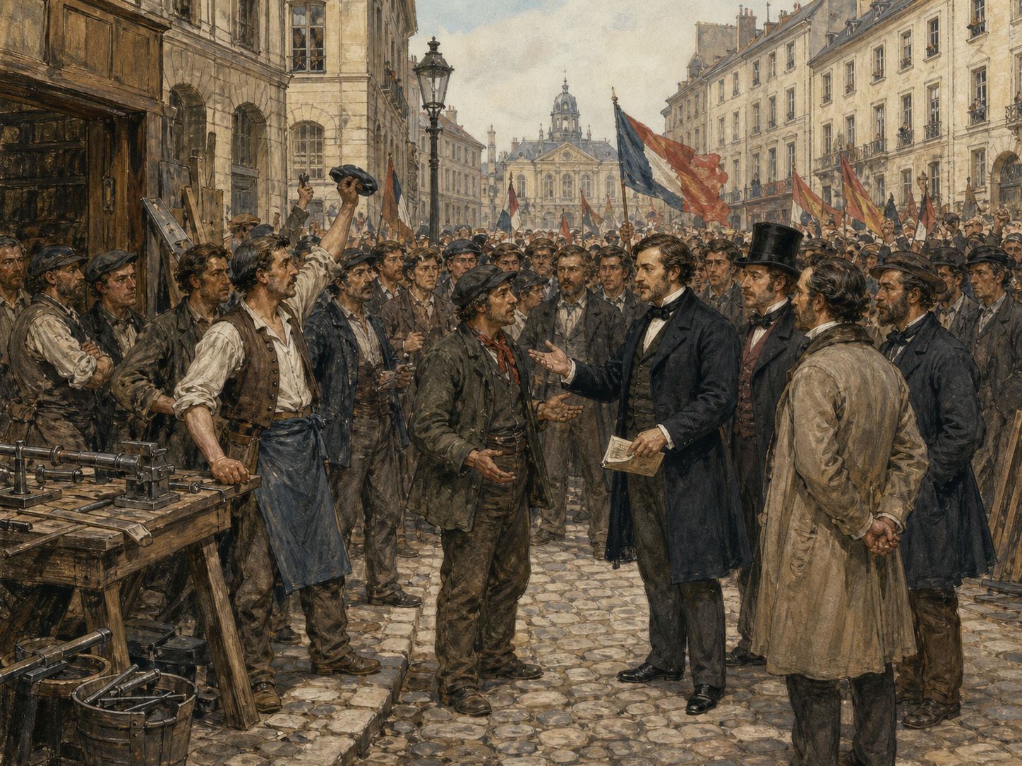 Historical reconstruction of Revolutions of 1848's central action: The February Revolution in France was followed by uprisings across Europe demanding constitutions, national autonomy, and social reform.