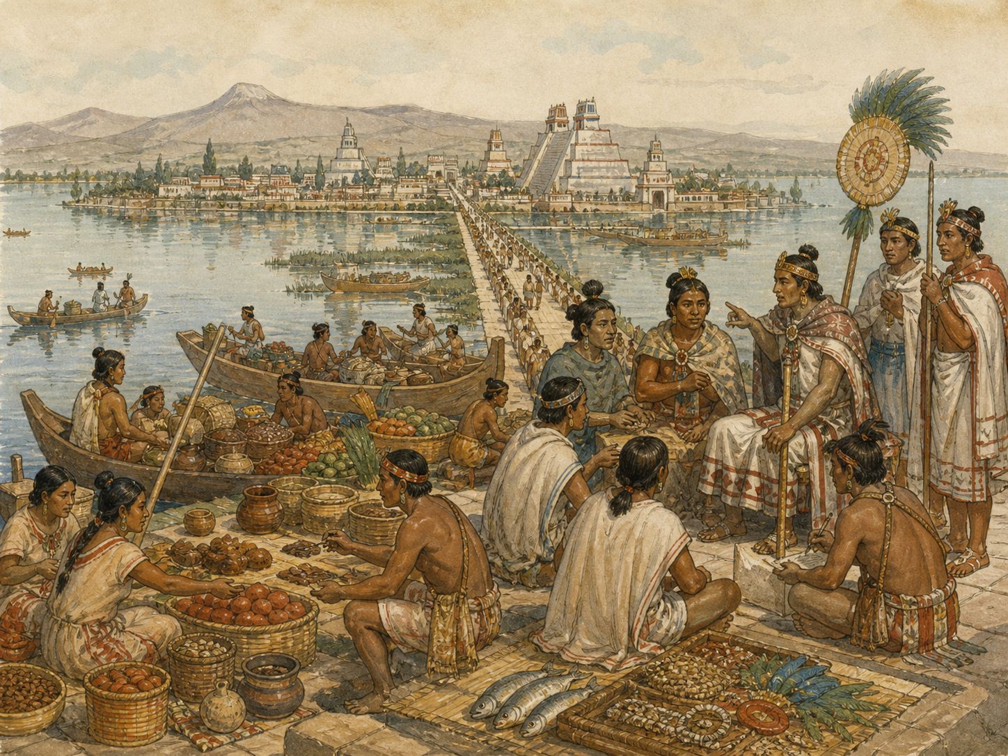 Historical reconstruction of Expansion of the Aztec Empire's immediate aftermath: It illustrates an imperial structure linking city-state alliance, commerce, markets, and religious ritual.