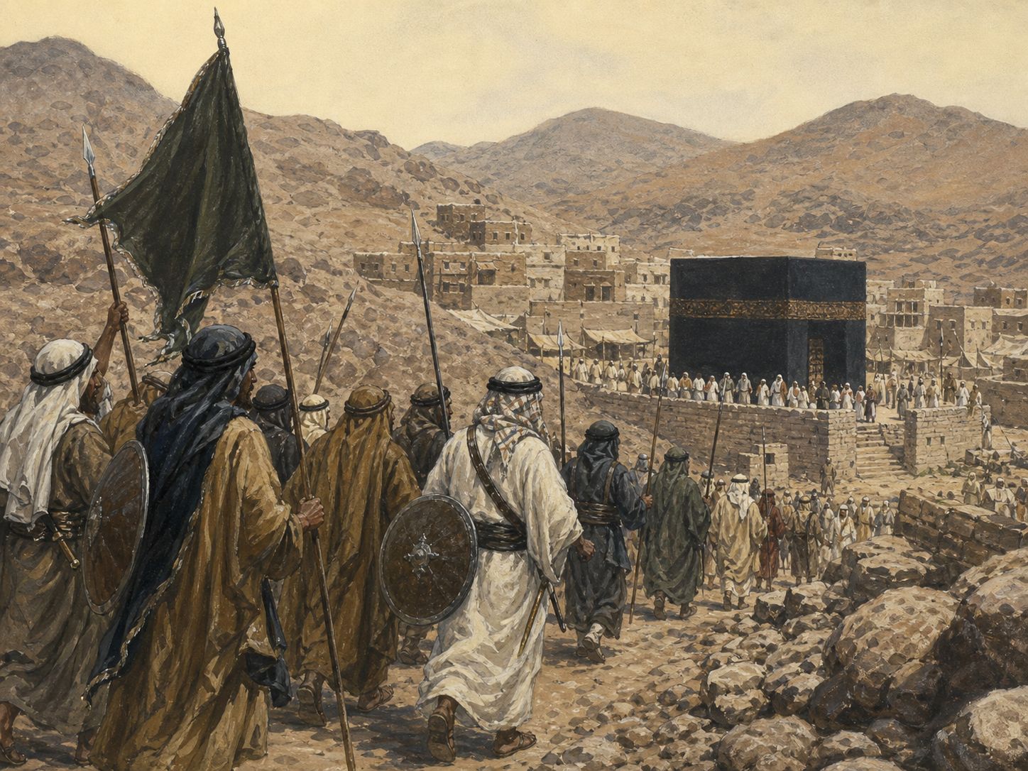 Historical reconstruction of Rise of Islam's central action: The Hijra of 622 moved Muhammad and his followers to Medina, where migrants and local supporters organized a new community.