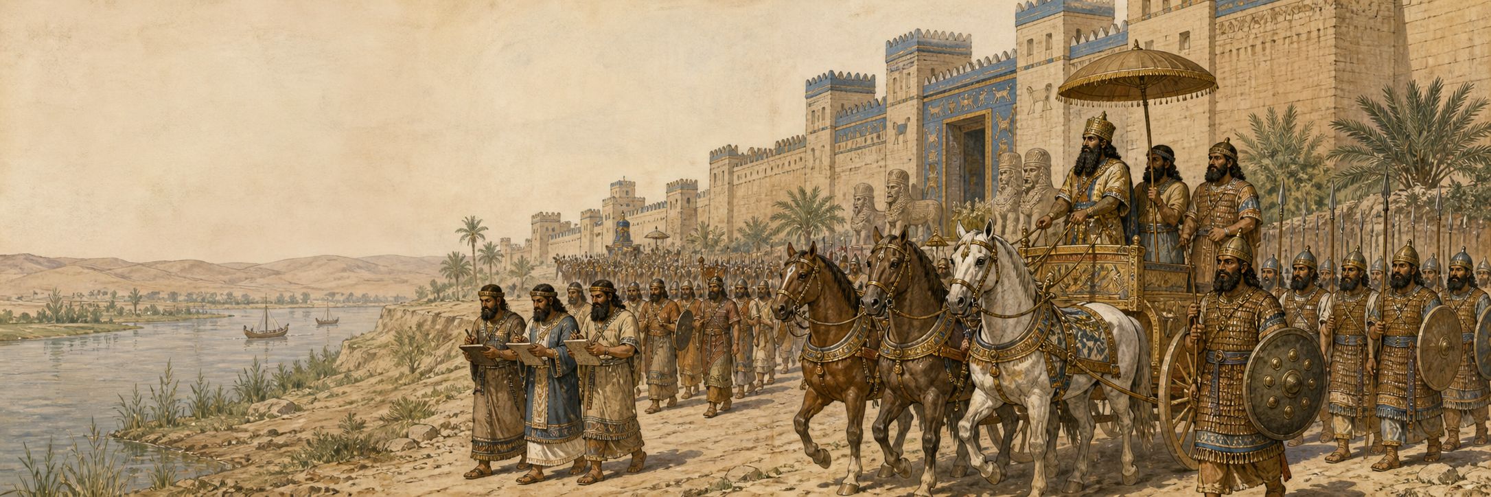 A Neo-Assyrian royal procession beside a walled capital near Nimrud