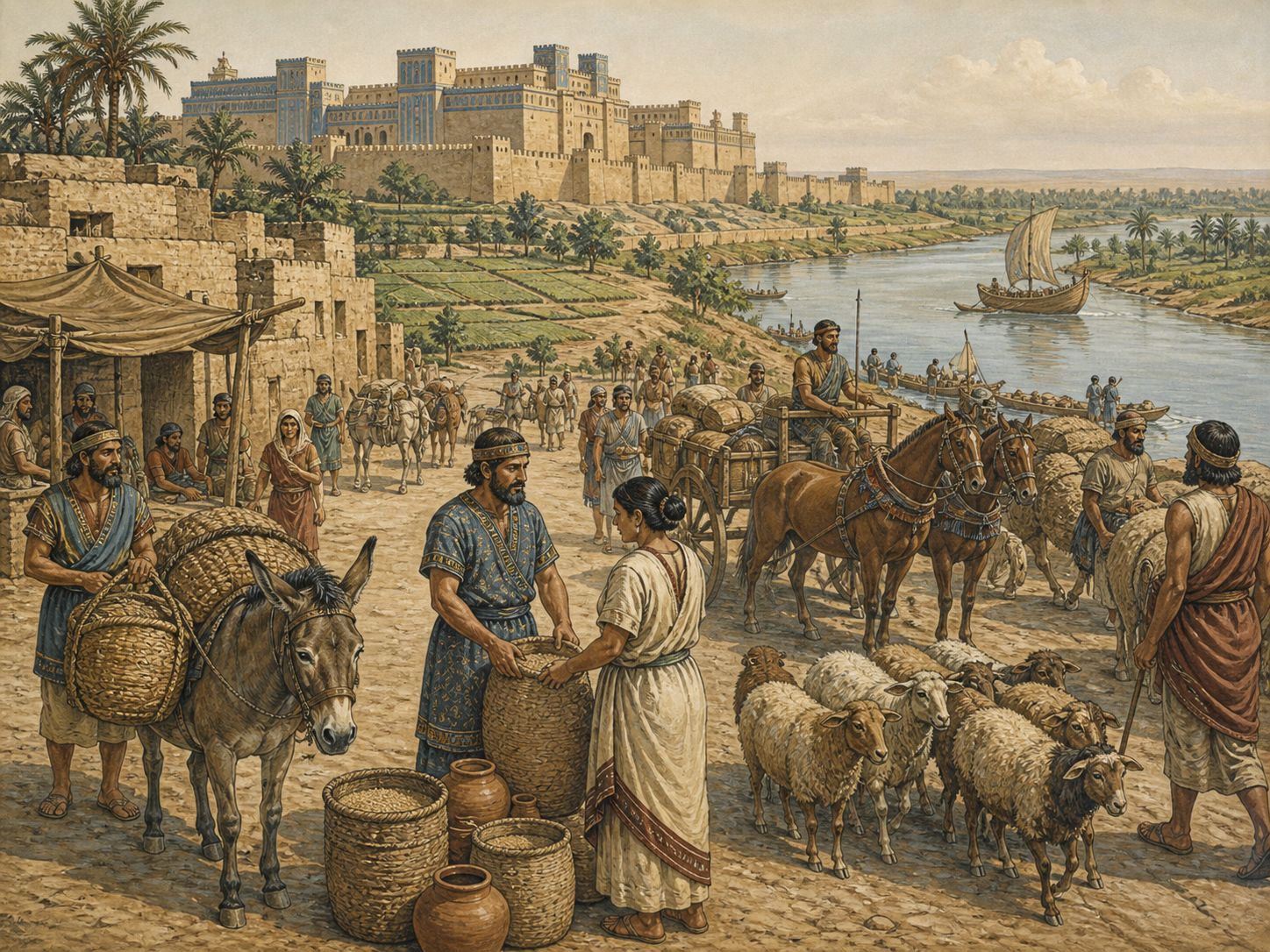 People moving grain and livestock through an irrigated mudbrick settlement