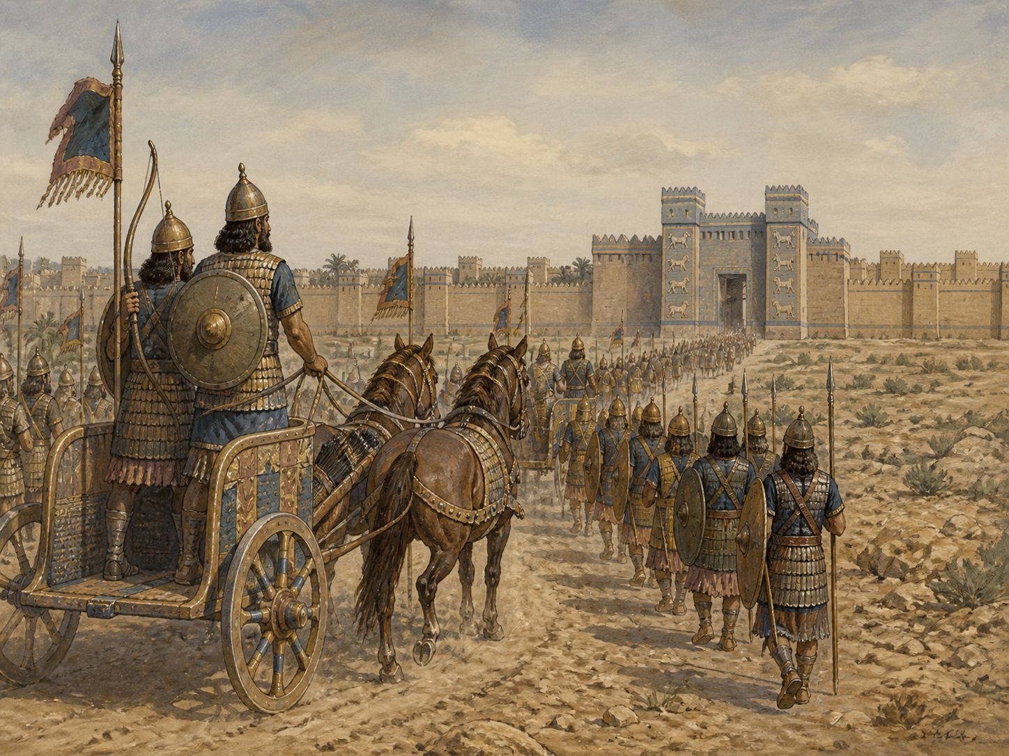 Chariots and infantry advancing toward a fortified gate