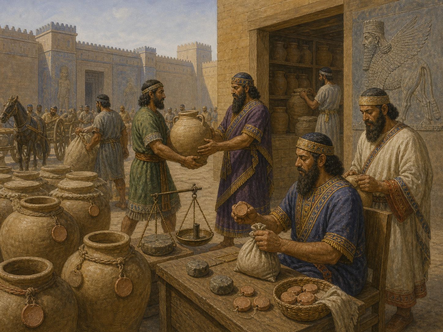 Officials organizing tribute in a palace courtyard