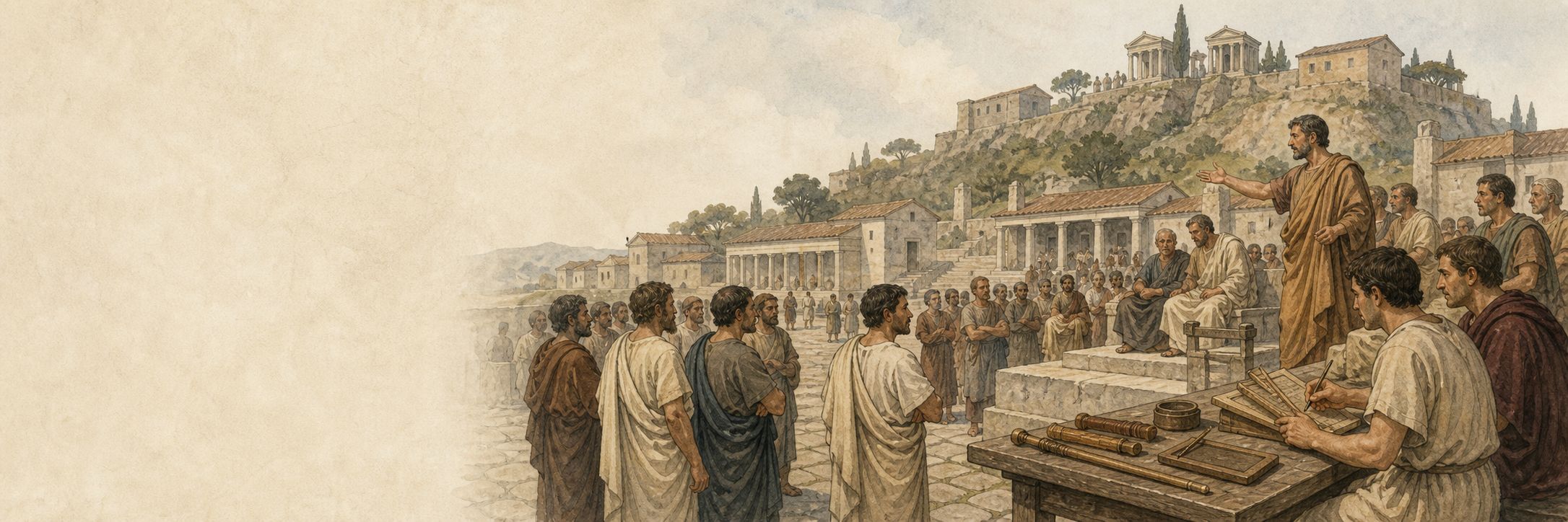 Reconstruction of Roman citizens and leading men debating a new political order in a forum beneath Capitoline Hill after kingship