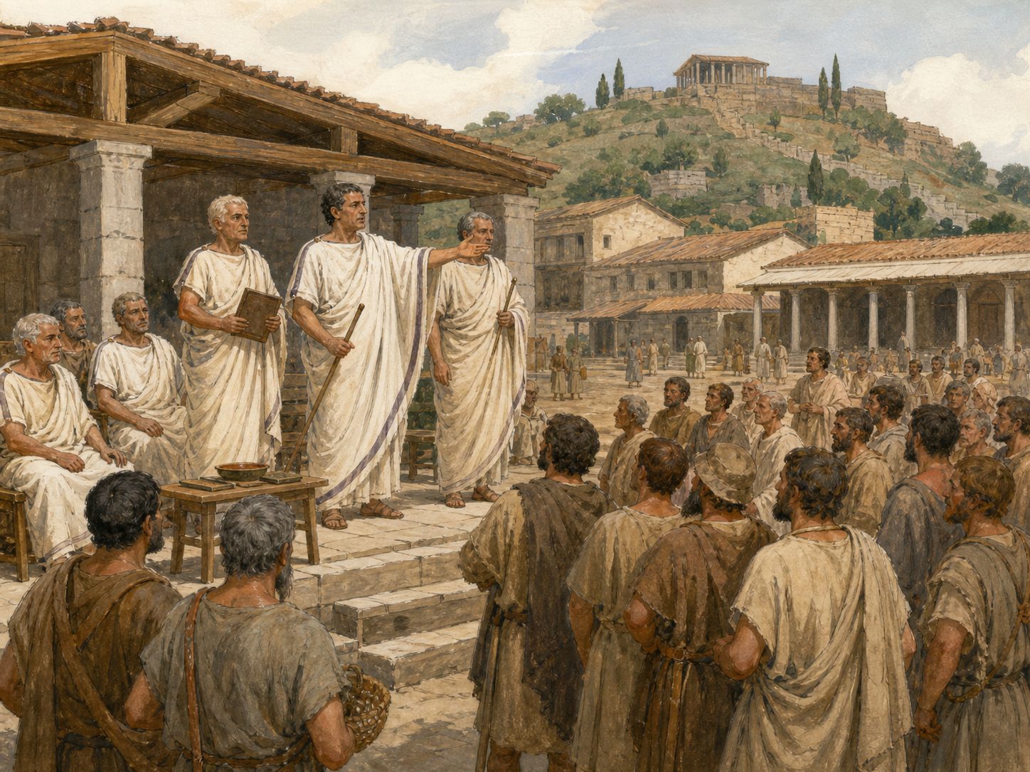 Historical reconstruction of Foundation of the Roman Republic's central action: After the monarchy, two annually elected consuls and the Senate governed, while struggles between patricians and plebeians gradually altered the republic’s institutions.