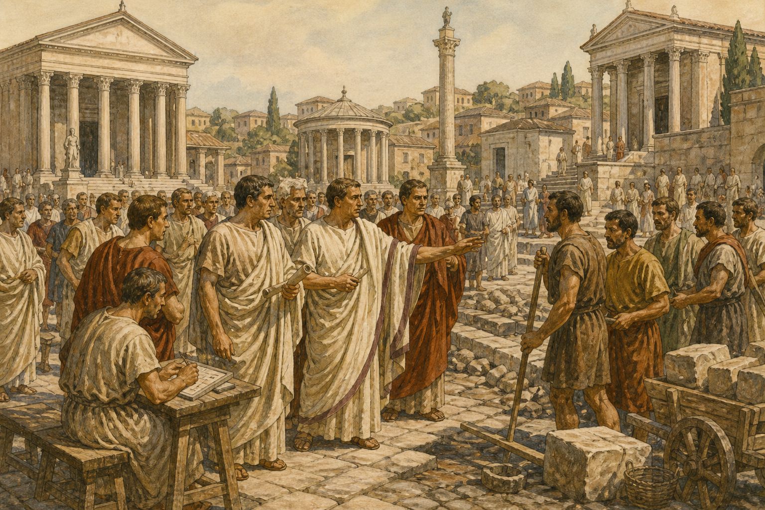 Historical reconstruction of Foundation of the Roman Republic's central action: Roman tradition places the end of kingship and the beginning of a republic centered on elected consuls and the Senate in this period.
