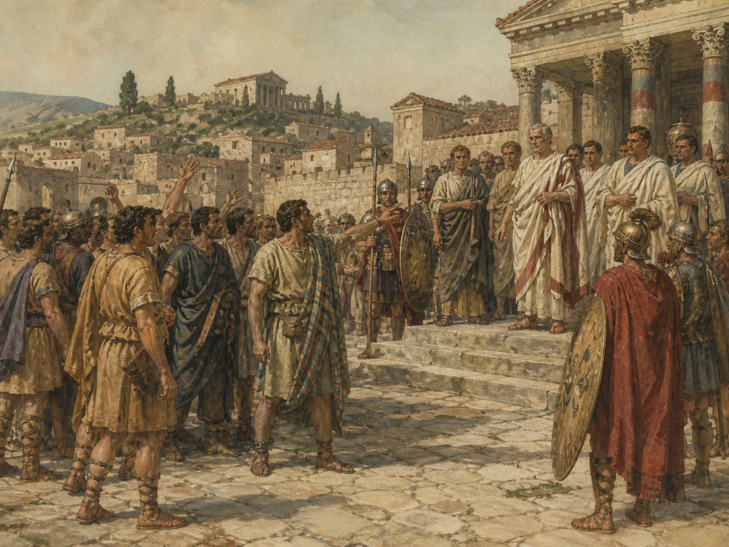 Historical reconstruction of Social War's central action: The allies organized a confederation and issued coinage, while Rome combined military suppression with new citizenship concessions.