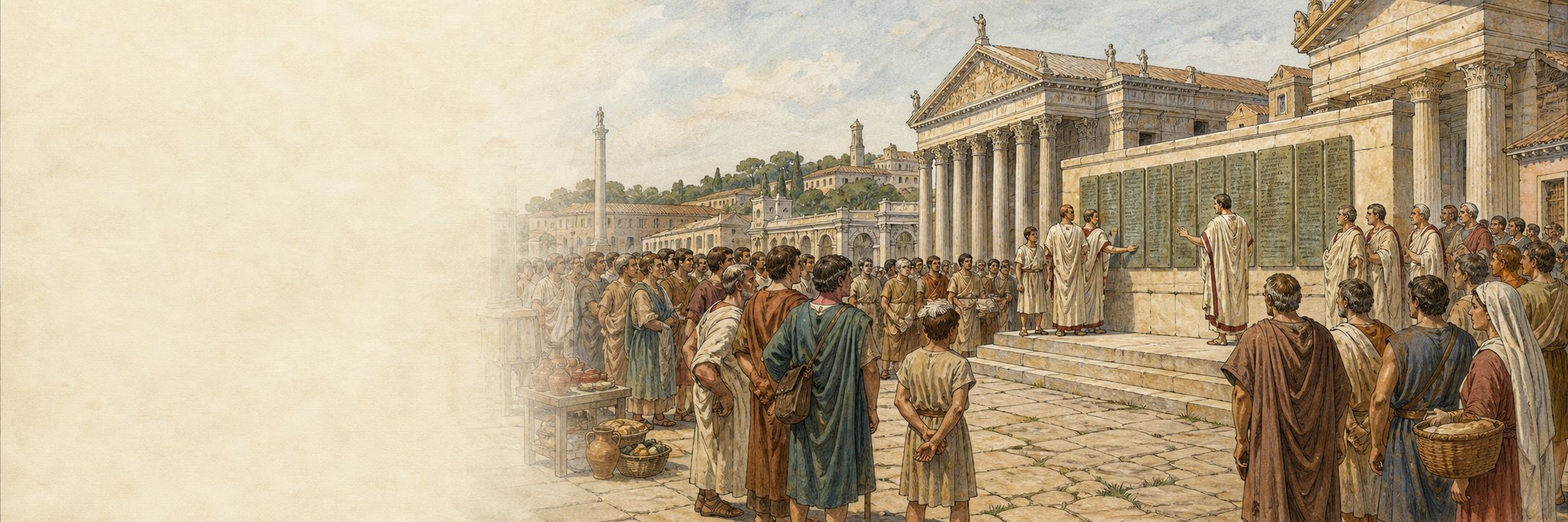 A historical reconstruction of rulers, administration, and society at the Roman Forum, showing the setting of Creation of the Twelve Tables