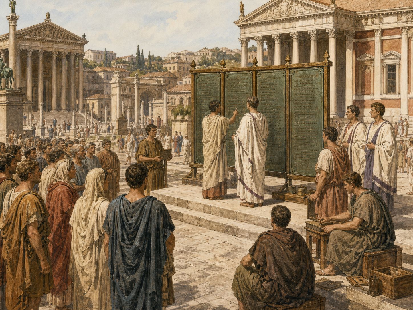 Historical reconstruction of Creation of the Twelve Tables's background: In and around the Roman Forum, the setting took shape as Roman customary law was displayed in twelve tables, becoming a focal point in negotiations between patricians and plebeians.