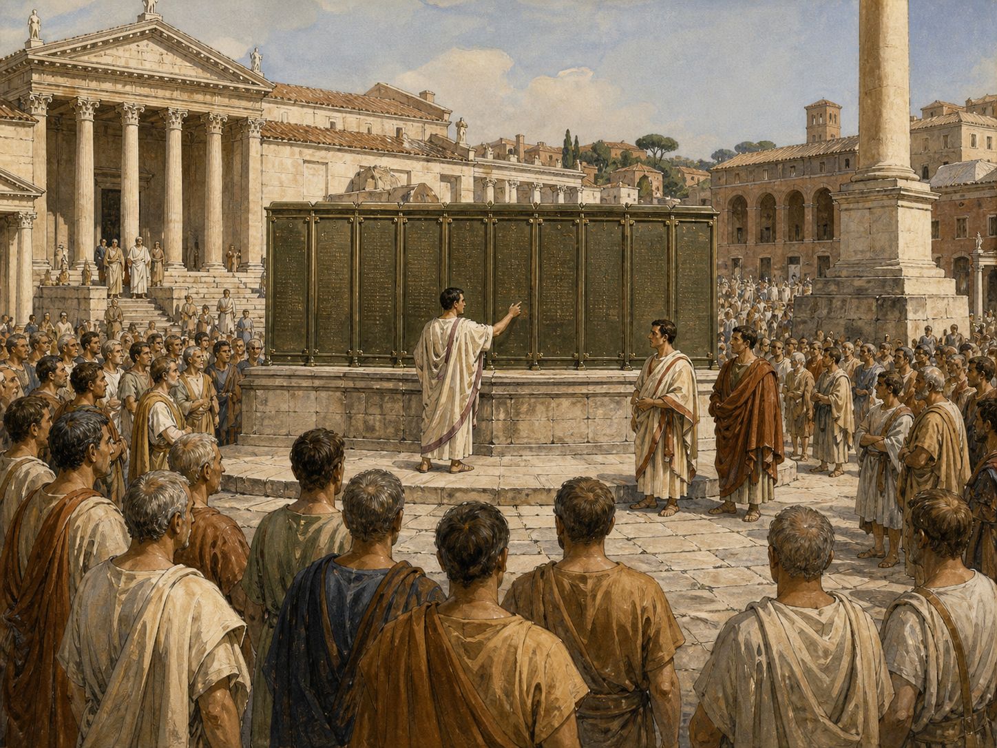 Historical reconstruction of Creation of the Twelve Tables's central action: Roman customary law was displayed in twelve tables, becoming a focal point in negotiations between patricians and plebeians.