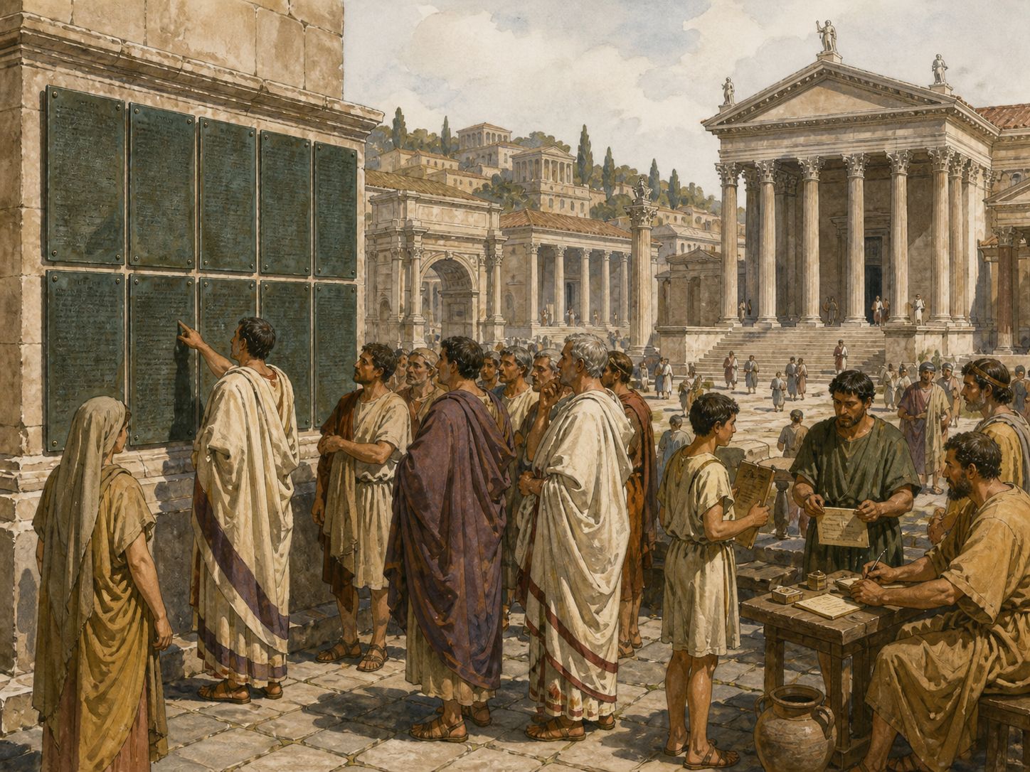 Historical reconstruction of Creation of the Twelve Tables's immediate aftermath: The tables became a symbol of making law public and allowing citizens to refer to legal procedures.