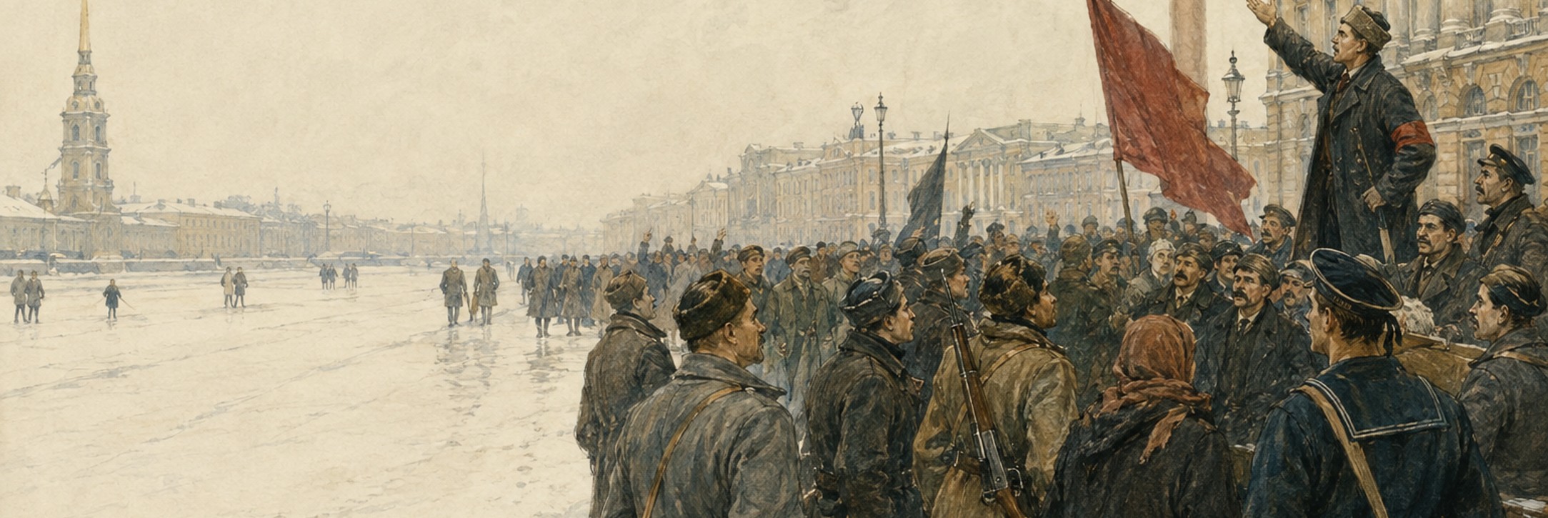 Illustrated reconstruction of workers, soldiers, and sailors gathering on a wintry Petrograd avenue