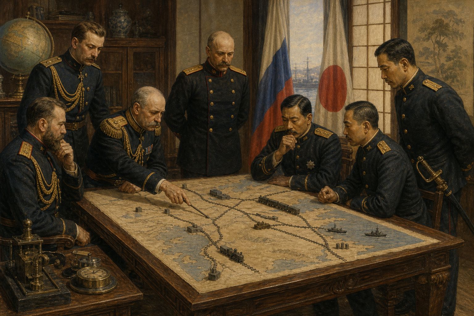 Russian and Japanese uniformed officials gather around an abstract table of railway routes and ports on the eve of war