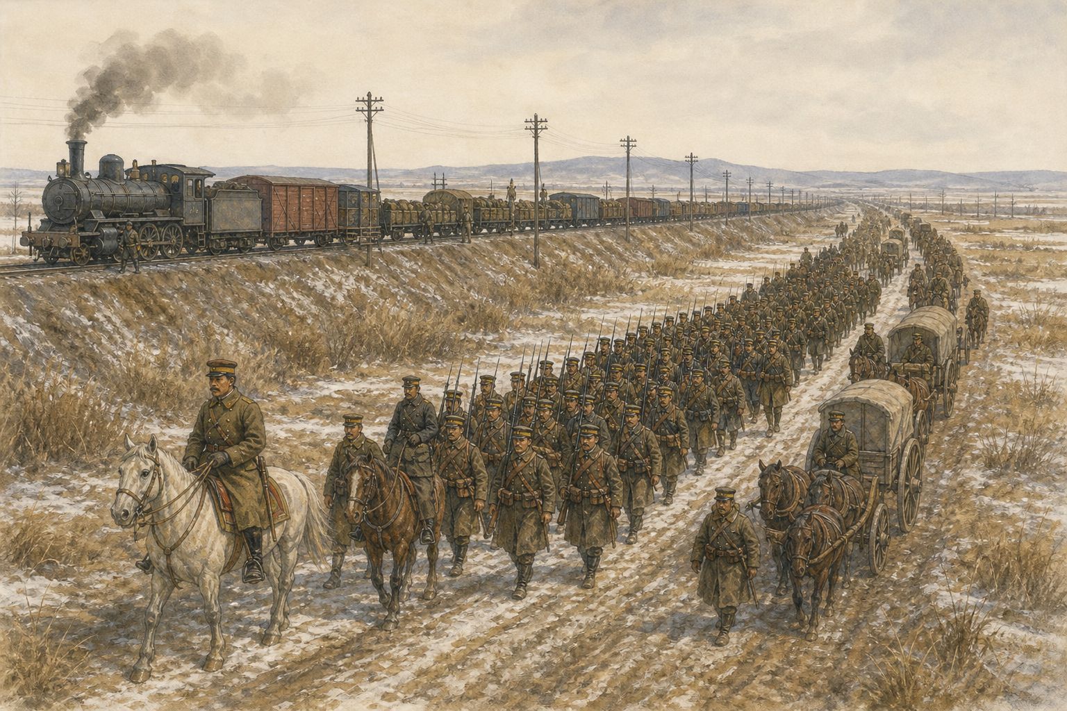 Soldiers and cavalry advance beside a long railway supply column across a snow-dusted Manchurian plain