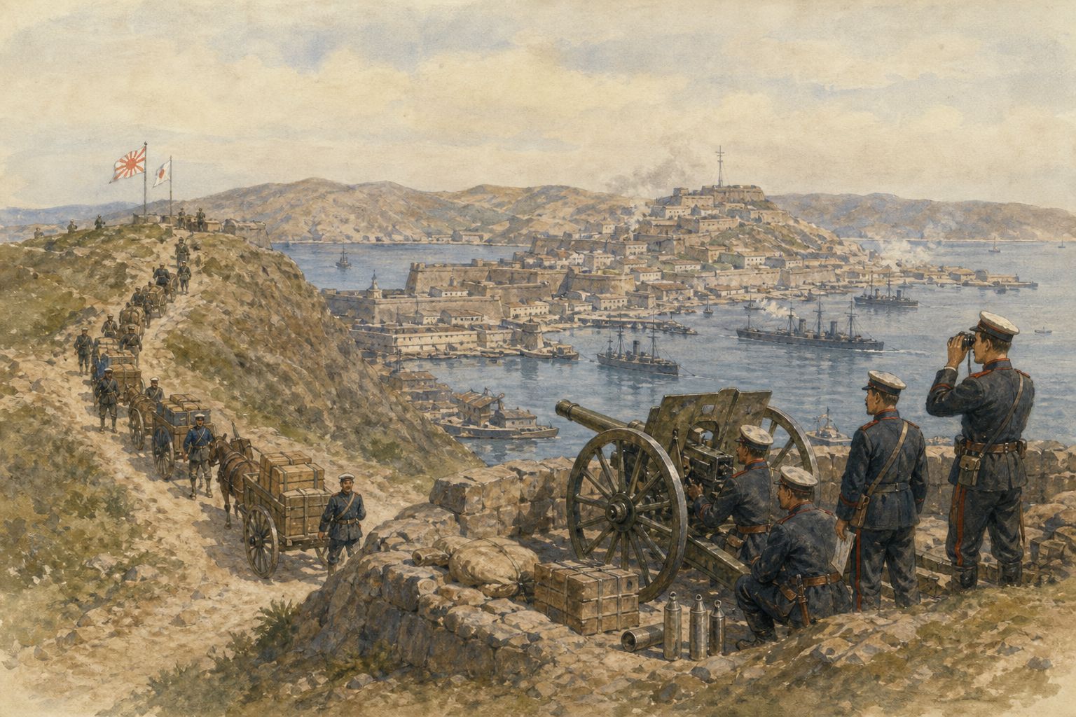 Japanese artillery and supply columns occupy high ground overlooking Port Arthur’s fortified harbor
